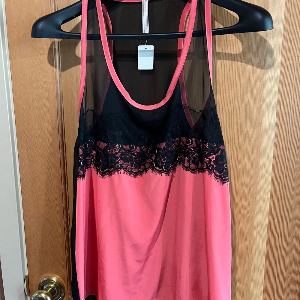 Pink and Black Lace Trim Tank Top